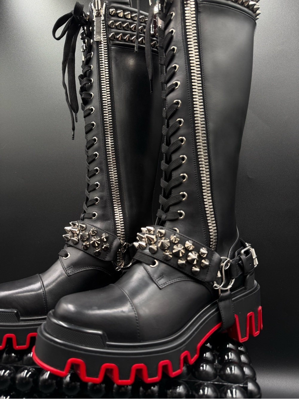 Christian Louboutin Black Over-the-Knee Lace-Up Combat Boots with Red Lug Sole - Picture 4 of 4